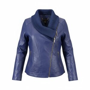 IMAN Global Chic Womens 3X Purple Genuine Leather Moto Jacket Knit Collar